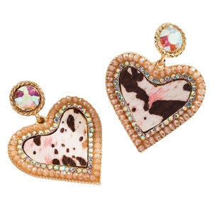 Vintage-Herzohrringe mit Leopardenmuster, Kunstfell, Champagner-Perlen und Strass