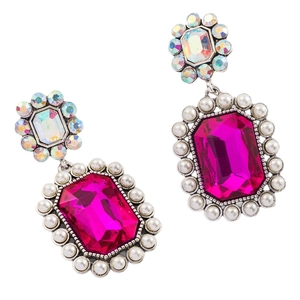 Boucles d'oreilles bohème avec cristal rose rouge et perles sur base argentée