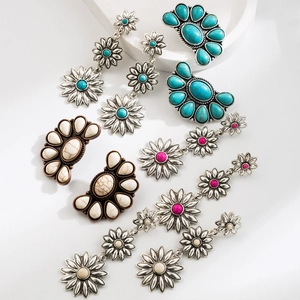 Boucles d'Oreilles Pendantes Fleur Bohème Vintage Argent Antique Alliage Turquoise Éventail Géométrique Gland pour Femme Bijoux