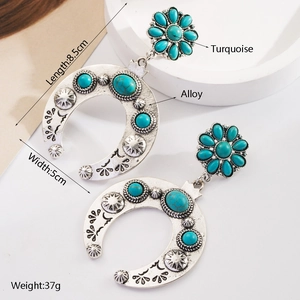 Détails des boucles d'oreilles bohèmes vintage avec turquoise et dimensions du produit