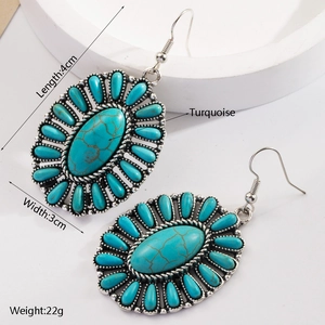 Detailed view of bohemian turquoise earrings showing 4cm length and 3cm width dimensions