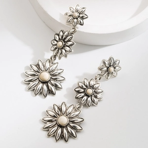 Boucles d'oreilles fleurs en argent vintage avec perles turquoise sur socle