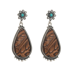 Bohemian retro leopard leather drop earrings with turquoise stud and silver frame