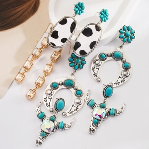 Boucles D'oreilles Pendantes Ethniques Bohèmes Pour Femmes Turquoise Cuir Motif Vache Strass Vintage Ajouré Géométrique Tête De Taureau Alliage Boucles D'oreilles