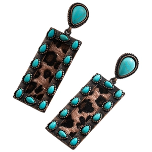Retro bohemian drop earrings with turquoise stones and leopard print cowhair in bronze metal