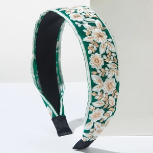 Bohemian dark green embroidered headband with white daisy floral patterns for women
