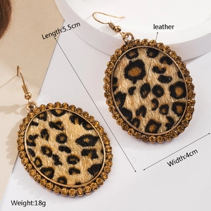 Leopard print sequin leather oval earrings with rhinestone crystals and retro hooks