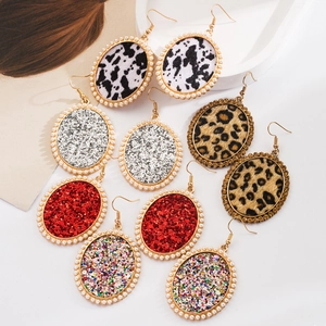 Vintage Oval Alloy Faux Artificial Pearl Sequin Leopard Cow Print Dangle Earrings For Women Fashion Jewelry Bohemian Glitter Ear Hook