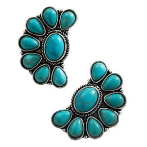 Boucles d'oreilles rétro en turquoise avec motif floral et finition en métal argenté