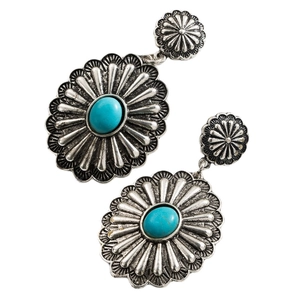 Bohemian turquoise teardrop earrings with vintage silver floral engraving and hook