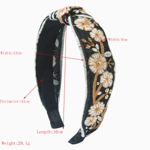 Black floral embroidered headband with gold sequins and size dimensions specifications