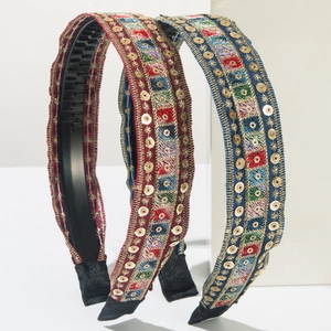 Bohemian Ethnic Printed Headband For Women Retro Fabric Hair Hoop With Sequin Decoration Non-Slip Teeth Hair Accessory