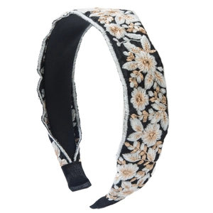 Bohemian black fabric headband with high-density white and gold floral embroidery