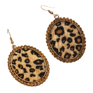 Vintage leopard print oval dangle earrings with brown rhinestones and gold alloy hooks