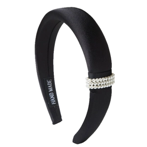 Elegant black satin padded headband featuring three rows of white pearls handmade design