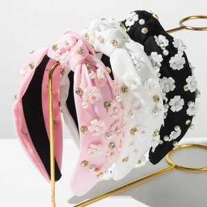 Women Fabric Knot Wide Brim Headband With Rhinestone Artificial Pearl Flower Decoration Sweet Elegant Baroque Style Hair Accessory
