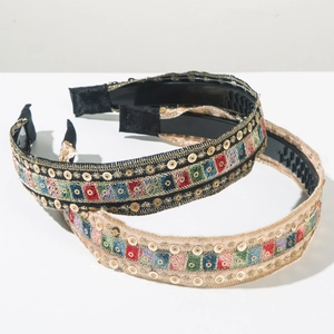 Bohemian embroidered headband set with colorful geometric patterns and gold sequins