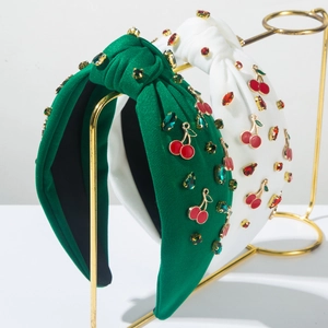 Serre-tête Noué Mode Femmes Pendentif Cerise Douce Orné Strass Large Tissu Bandeau Cheveux Vintage Fête Accessoires Cheveux