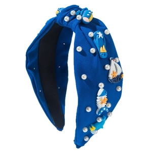 Serre-tête en tissu bleu à nœud avec breloques océaniques, perles et détails marins