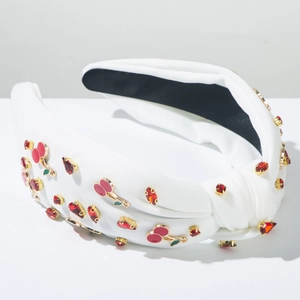Serre-tête noué blanc avec strass rouges étincelants et pendentifs cerises