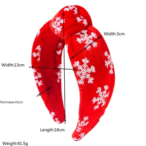 Red Christmas headband with white sequin snowflakes and dimensions of 13x18cm