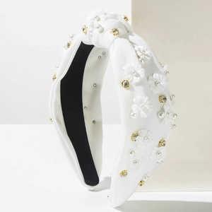 White fabric knotted headband with 3D cloth flowers, pearls and crystal rhinestones