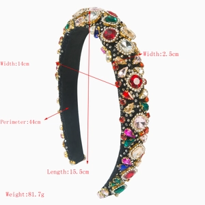 Baroque padded headband with colorful crystals and rhinestones on black fabric base