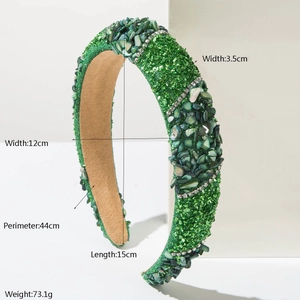 Fashionable green rhinestone headband with crystal stones and high-top padded design