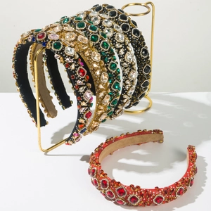 Luxury Baroque Rhinestone Headband For Women Glitter Colorful Crystal Velvet Padded Hairband Retro Wedding Party Hair Accessory