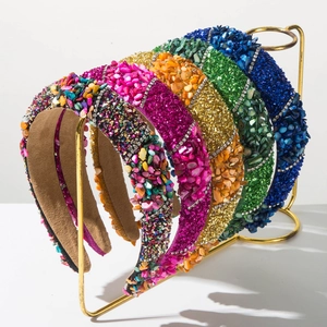 Vintage Baroque Luxurious Rhinestone Wide Brim Headband For Women Handmade Stone Texture Fabric Hair Band Party Jewelry Accessory
