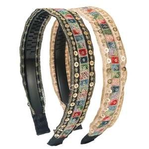 Set of three Bohemian embroidered headbands with sequins and non-slip inner teeth