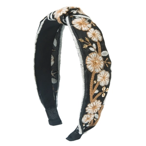 Handmade black embroidered knot headband with floral patterns and golden sequins for women