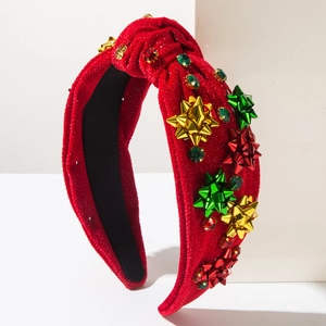 Serre-tête de Noël rouge scintillant avec nœuds métalliques festifs et strass colorés
