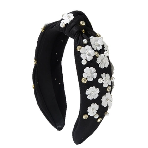 Elegant black fabric knotted headband with 3D floral accents, pearls and small rhinestones