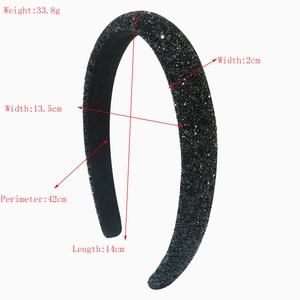 Sparkling black rhinestone padded headband with dimensions 13.5cm width and 2cm thickness
