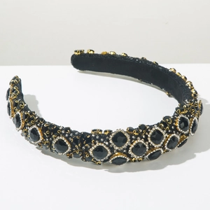 Macro detail of Baroque headband featuring black rhombic gemstones and silver rhinestones