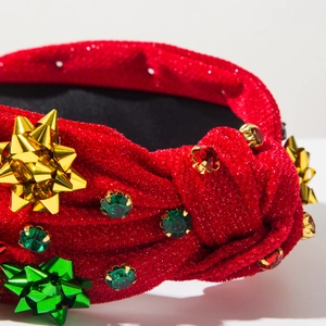 Détails du serre-tête de Noël rouge avec étoiles dorées et strass brillants festifs