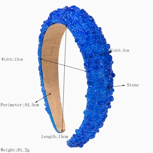 Baroque wide sponge headband with blue crystal beads and khaki suede lining dimensions