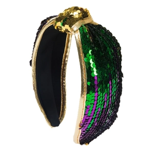 Serre-tête à paillettes tricolores avec nœud en vert violet et or pour les célébrations