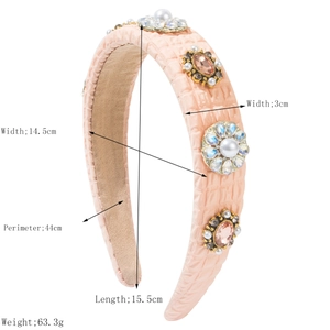 Pink quilted fabric headband with floral pearl and rhinestone gems on white background