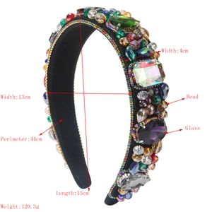 Serre-tête large en velours style baroque avec cristaux colorés et perles, accessoire luxe