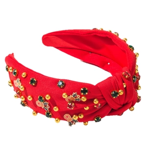 Serre-tête de Noël rouge avec nœud, perles colorées, strass et motifs rennes