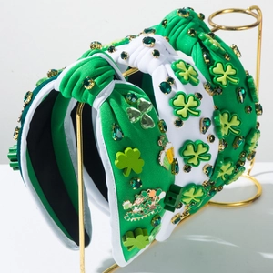 Serre-tête Noué Saint-Patrick Trèfle Vert Blanc Orné de Strass Bandeau Cheveux pour Femmes Accessoires de Fête Festival