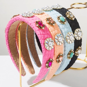 Vintage Padded Rhinestone Faux Artificial Pearl Headband For Women Luxurious Quilted Wide Fabric Sponge Hair Band Party Headwear
