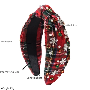 Serre-tête de Noël à carreaux rouges et verts avec perles et breloques flocon de neige