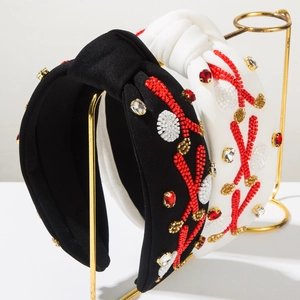 Handmade beaded headband set with red jewels and crystals in black and white fabric