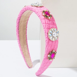 Pink quilted fabric headband with floral pearls, rhinestones and pink gemstones
