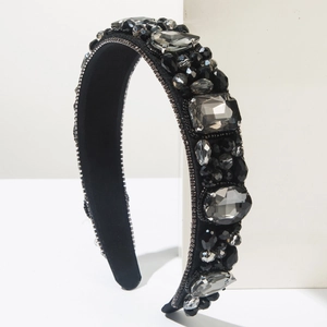 Serre-tête baroque large avec cristaux gris cousus main et perles noires sur base