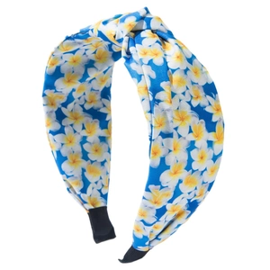 Cerchietto annodato blu con stampa floreale di plumeria per uno stile bohémien da mare
