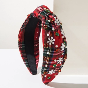 Serre-tête de Noël avec tissu à carreaux rouge et vert, perles et flocons strassés